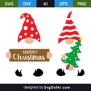 Merry Christmas Gnomes Holding Banner and Tree SVG Cut File, PNG, EPS, .AI, DXF Design
