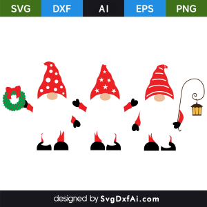 Three Christmas Gnomes Holding Wreath and Light SVG Cut File, PNG, EPS, .AI, DXF Design