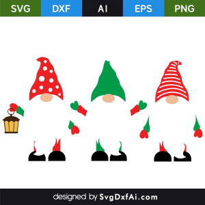 Three White Beard Red and Green Hat Christmas Gnomes SVG Cut File, PNG, EPS, .AI, DXF Design