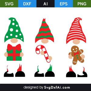 Three Christmas Gnomes Standing in a Row SVG Cut File, PNG, EPS, .AI, DXF Design