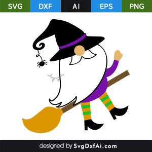 Halloween Gnome Black Hat Sitting On Broom SVG Cut File, PNG, EPS, .AI, DXF Design