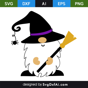 Halloween Gnome Black Hat Holding Broomstick SVG Cut File, PNG, EPS, .AI, DXF Design